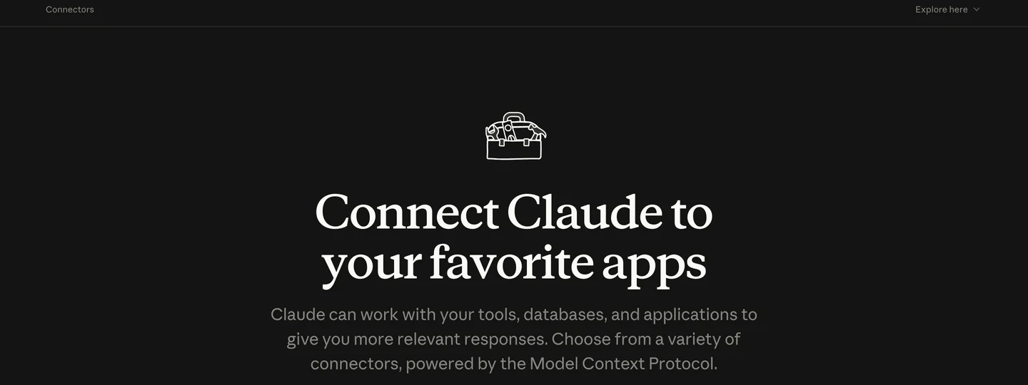 Claude's connector directory page, headed 'Connect Claude to your favorite apps', explaining that connectors are powered by the Model Context Protocol.