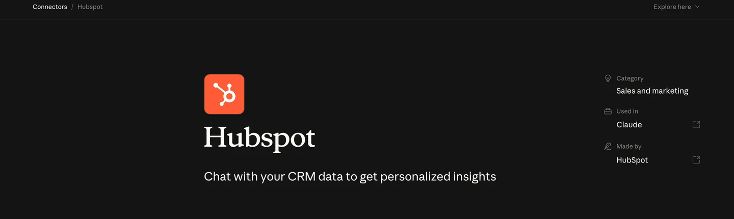 The HubSpot connector page on claude.com, showing the HubSpot logo, the description 'Chat with your CRM data to get personalized insights', its category and who maintains it.