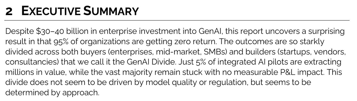 The executive summary of MIT NANDA's report, reading: Despite $30-40 billion in enterprise investment into GenAI, this report uncovers a surprising result in that 95% of organizations are getting zero return... This divide does not seem to be driven by model quality or regulation, but seems to be determined by approach.